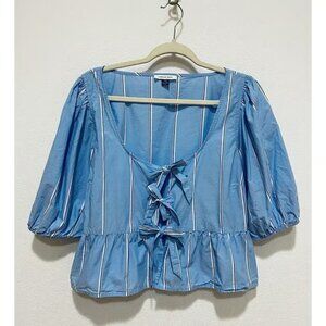 American Eagle Top Womens Large Blue Striped Bow Tie Front Peplum Cottagecore